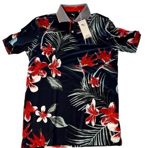 Puma MATTR Golf Polo Shirt Mens Palm Floral Print Short Sleeve Red Blue Size S